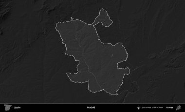 Madrid mi? İspanya 'nın idari alanı belirtilmiş ve koyu gri tonlu yükseklik haritasına göre özetlenmiştir