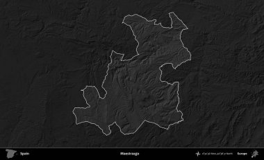 Maestrazgo. İspanya 'nın idari alanı belirtilmiş ve koyu gri tonlu yükseklik haritasına göre özetlenmiştir