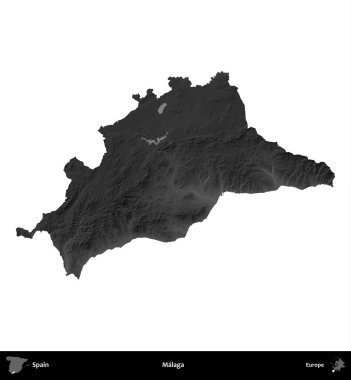 Malaga. İspanya 'nın idari bölgesi gri ölçekli yükseklik haritasında beyaza izole edildi