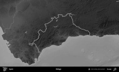 Malaga. İspanya 'nın idari bölgesi gri ölçekli yükseklik haritasında belirtilmiştir