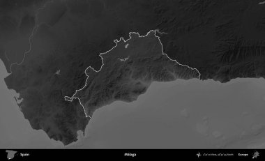 Malaga. İspanya 'nın idari alanı belirtilmiş ve koyu gri tonlu yükseklik haritasına göre özetlenmiştir