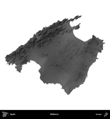 Mallorca. İspanya 'nın idari bölgesi gri ölçekli yükseklik haritasında beyaza izole edildi