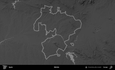 Merida. İspanya 'nın idari bölgesi gri ölçekli yükseklik haritasında belirtilmiştir