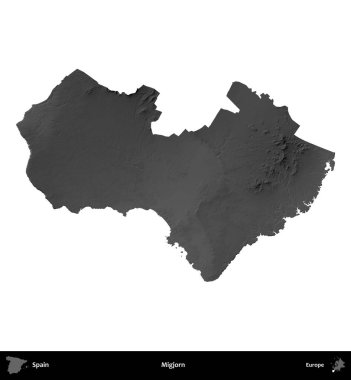 Migjorn. İspanya 'nın idari bölgesi gri ölçekli yükseklik haritasında beyaza izole edildi