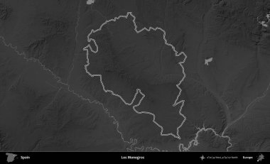 Los Monegros 'ta. İspanya 'nın idari bölgesi gri ölçekli yükseklik haritasında belirtilmiştir