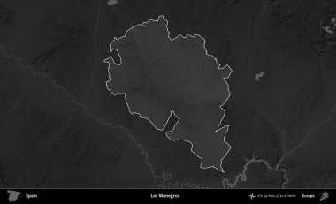 Los Monegros 'ta. İspanya 'nın idari alanı belirtilmiş ve koyu gri tonlu yükseklik haritasına göre özetlenmiştir