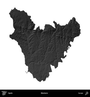 Montoro 'da. İspanya 'nın idari bölgesi gri ölçekli yükseklik haritasında beyaza izole edildi