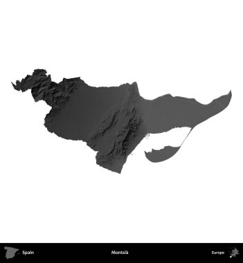 Montsia. İspanya 'nın idari bölgesi gri ölçekli yükseklik haritasında beyaza izole edildi
