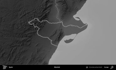 Montsia. İspanya 'nın idari bölgesi gri ölçekli yükseklik haritasında belirtilmiştir