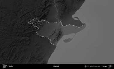 Montsia. İspanya 'nın idari alanı belirtilmiş ve koyu gri tonlu yükseklik haritasına göre özetlenmiştir