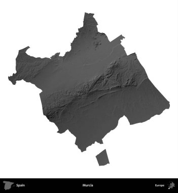 Murcia. İspanya 'nın idari bölgesi gri ölçekli yükseklik haritasında beyaza izole edildi