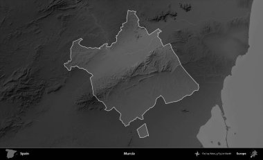 Murcia. İspanya 'nın idari alanı belirtilmiş ve koyu gri tonlu yükseklik haritasına göre özetlenmiştir