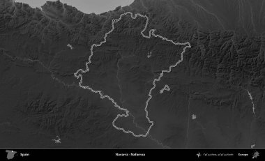 Navarra - Nafarroa. İspanya 'nın idari bölgesi gri ölçekli yükseklik haritasında belirtilmiştir