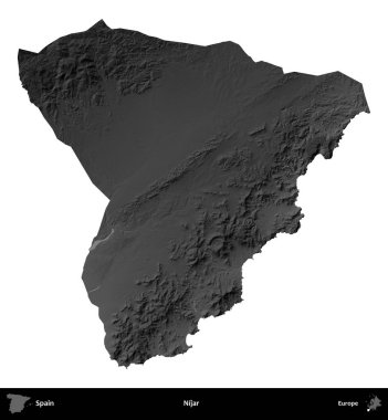 Nijar. İspanya 'nın idari bölgesi gri ölçekli yükseklik haritasında beyaza izole edildi