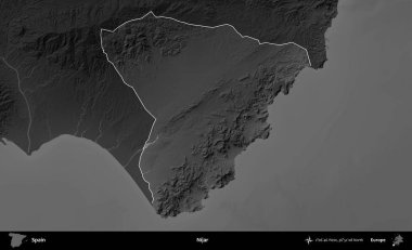 Nijar. İspanya 'nın idari alanı belirtilmiş ve koyu gri tonlu yükseklik haritasına göre özetlenmiştir