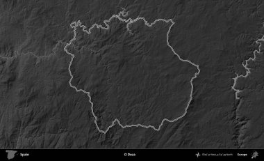 O Deza. İspanya 'nın idari bölgesi gri ölçekli yükseklik haritasında belirtilmiştir