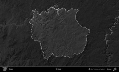 O Deza. İspanya 'nın idari alanı belirtilmiş ve koyu gri tonlu yükseklik haritasına göre özetlenmiştir