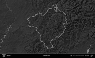 O 's Ancare. İspanya 'nın idari bölgesi gri ölçekli yükseklik haritasında belirtilmiştir