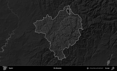 O 's Ancare. İspanya 'nın idari alanı belirtilmiş ve koyu gri tonlu yükseklik haritasına göre özetlenmiştir