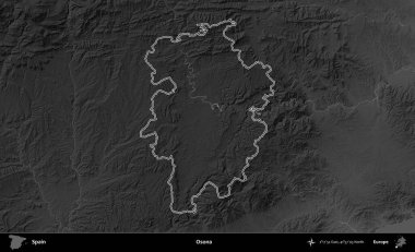Osona. İspanya 'nın idari bölgesi gri ölçekli yükseklik haritasında belirtilmiştir