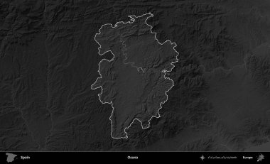 Osona. İspanya 'nın idari alanı belirtilmiş ve koyu gri tonlu yükseklik haritasına göre özetlenmiştir