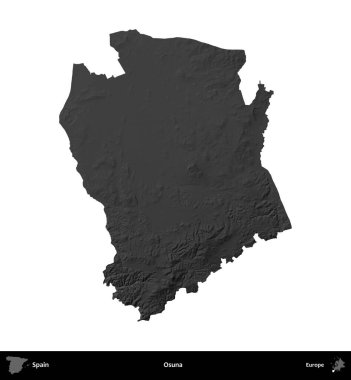 Osuna. İspanya 'nın idari bölgesi gri ölçekli yükseklik haritasında beyaza izole edildi