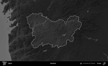 Bizim hakkımız. İspanya 'nın idari alanı belirtilmiş ve koyu gri tonlu yükseklik haritasına göre özetlenmiştir