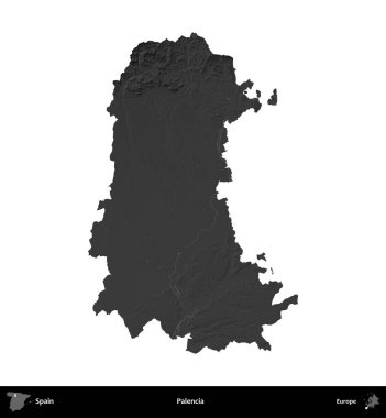 Palencia 'da. İspanya 'nın idari bölgesi gri ölçekli yükseklik haritasında beyaza izole edildi