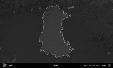 Palencia 'da. İspanya 'nın idari alanı belirtilmiş ve koyu gri tonlu yükseklik haritasına göre özetlenmiştir