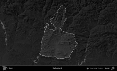 Pallars Jussa. İspanya 'nın idari alanı belirtilmiş ve koyu gri tonlu yükseklik haritasına göre özetlenmiştir