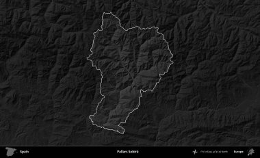 Pallars Sobira. İspanya 'nın idari alanı belirtilmiş ve koyu gri tonlu yükseklik haritasına göre özetlenmiştir