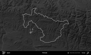 Pirinioak. İspanya 'nın idari bölgesi gri ölçekli yükseklik haritasında belirtilmiştir