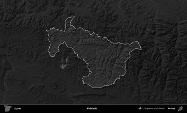 Pirinioak. İspanya 'nın idari alanı belirtilmiş ve koyu gri tonlu yükseklik haritasına göre özetlenmiştir