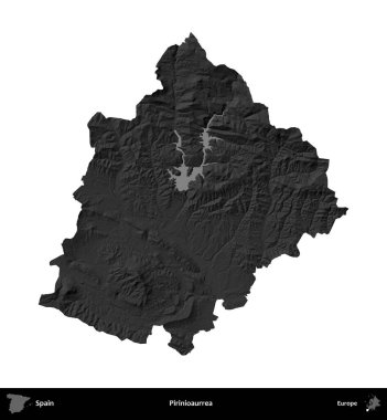 Piriniourrea. İspanya 'nın idari bölgesi gri ölçekli yükseklik haritasında beyaza izole edildi