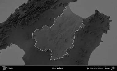 Pla de Mallorca. İspanya 'nın idari alanı belirtilmiş ve koyu gri tonlu yükseklik haritasına göre özetlenmiştir