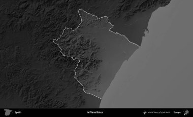la Plana Baixa. İspanya 'nın idari alanı belirtilmiş ve koyu gri tonlu yükseklik haritasına göre özetlenmiştir