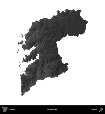 Pontevedra. İspanya 'nın idari bölgesi gri ölçekli yükseklik haritasında beyaza izole edildi