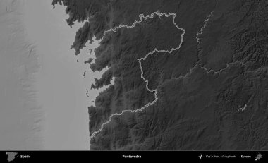 Pontevedra. İspanya 'nın idari bölgesi gri ölçekli yükseklik haritasında belirtilmiştir