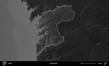 Pontevedra. İspanya 'nın idari alanı belirtilmiş ve koyu gri tonlu yükseklik haritasına göre özetlenmiştir