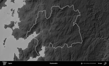 Pontevedra. İspanya 'nın idari bölgesi gri ölçekli yükseklik haritasında belirtilmiştir