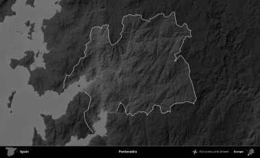 Pontevedra. İspanya 'nın idari alanı belirtilmiş ve koyu gri tonlu yükseklik haritasına göre özetlenmiştir