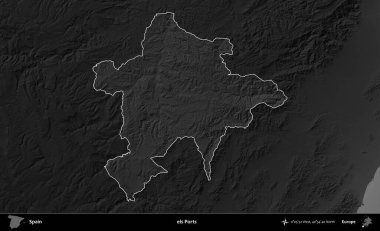 İskeleler. İspanya 'nın idari alanı belirtilmiş ve koyu gri tonlu yükseklik haritasına göre özetlenmiştir