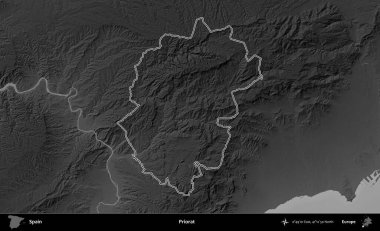 Priorat. İspanya 'nın idari bölgesi gri ölçekli yükseklik haritasında belirtilmiştir
