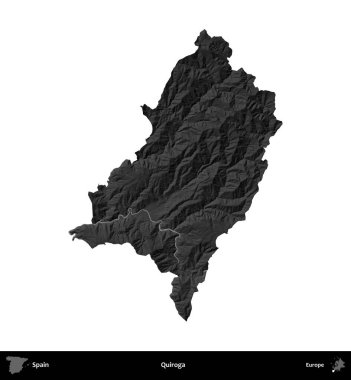 Quiroga. İspanya 'nın idari bölgesi gri ölçekli yükseklik haritasında beyaza izole edildi