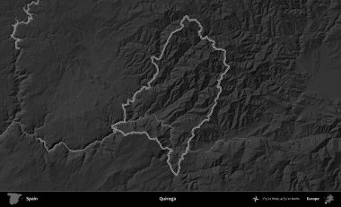 Quiroga. İspanya 'nın idari bölgesi gri ölçekli yükseklik haritasında belirtilmiştir