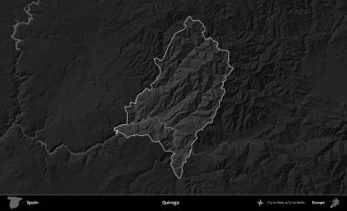 Quiroga. İspanya 'nın idari alanı belirtilmiş ve koyu gri tonlu yükseklik haritasına göre özetlenmiştir