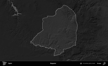 Requena. İspanya 'nın idari alanı belirtilmiş ve koyu gri tonlu yükseklik haritasına göre özetlenmiştir