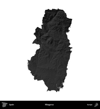 Ribagorza. İspanya 'nın idari bölgesi gri ölçekli yükseklik haritasında beyaza izole edildi
