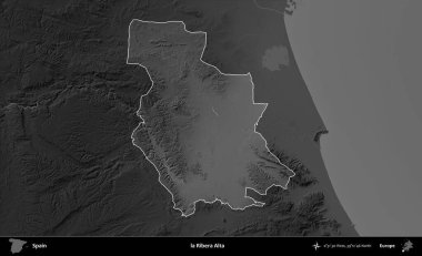 la Ribera Alta. İspanya 'nın idari alanı belirtilmiş ve koyu gri tonlu yükseklik haritasına göre özetlenmiştir