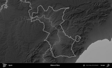 Ribera d'Ebre. İspanya 'nın idari bölgesi gri ölçekli yükseklik haritasında belirtilmiştir
